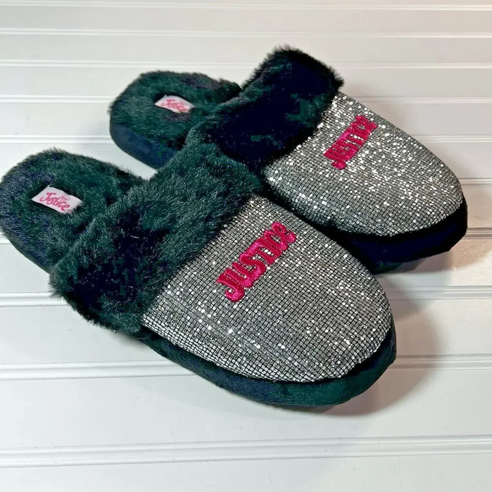 Justice Slip on Silver Sparkle Slippers Black Faux Fur Size 4-5 NWOT